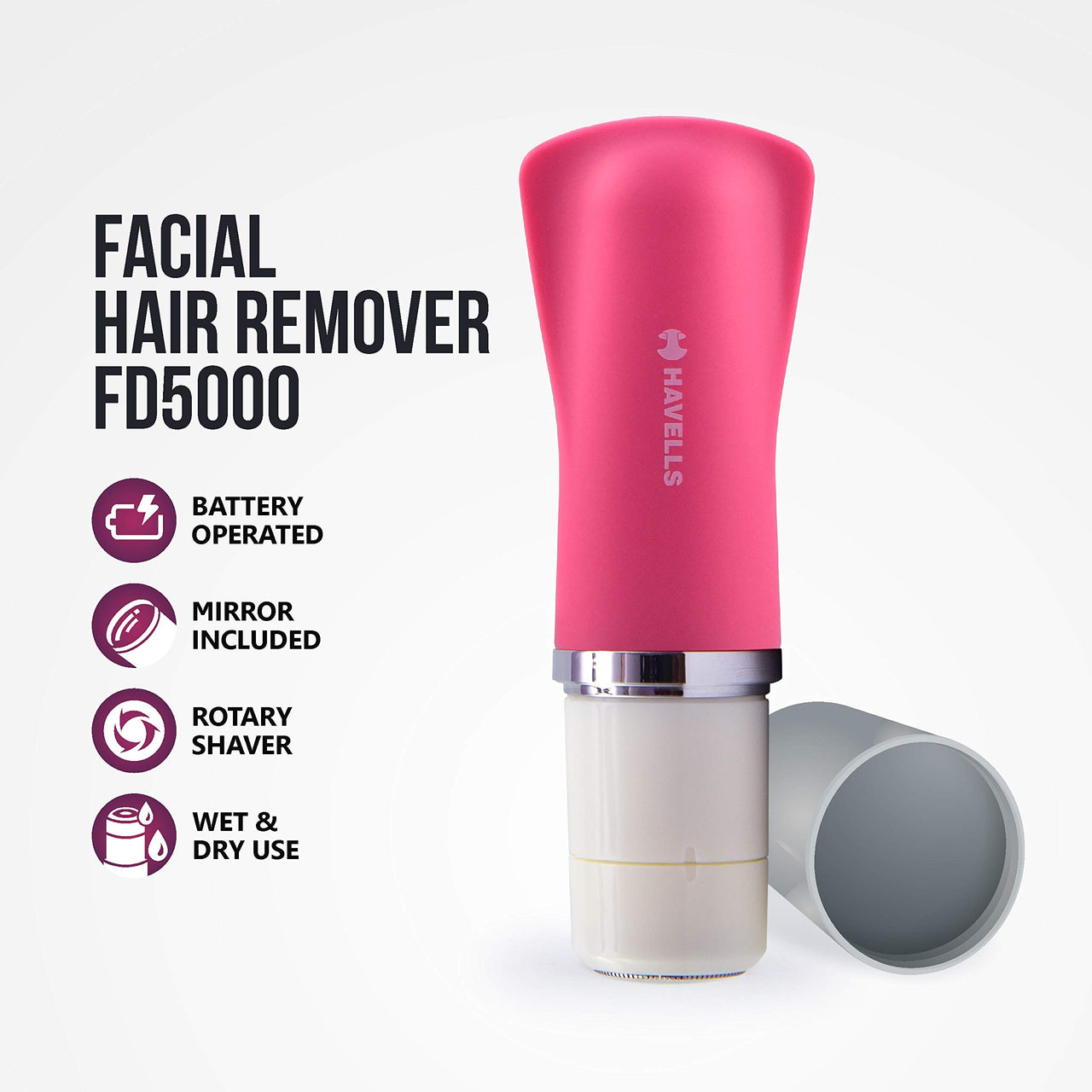 Havells Female Lady Facial Hair Remover/Shaver | Rotary Blades for Clean & Smooth Touch for Upper Lips,Chin7 Cheeks | Wet & Dry Use | Battery Powered | Mirror Included | Hot Pink | FD5000,Multicolour