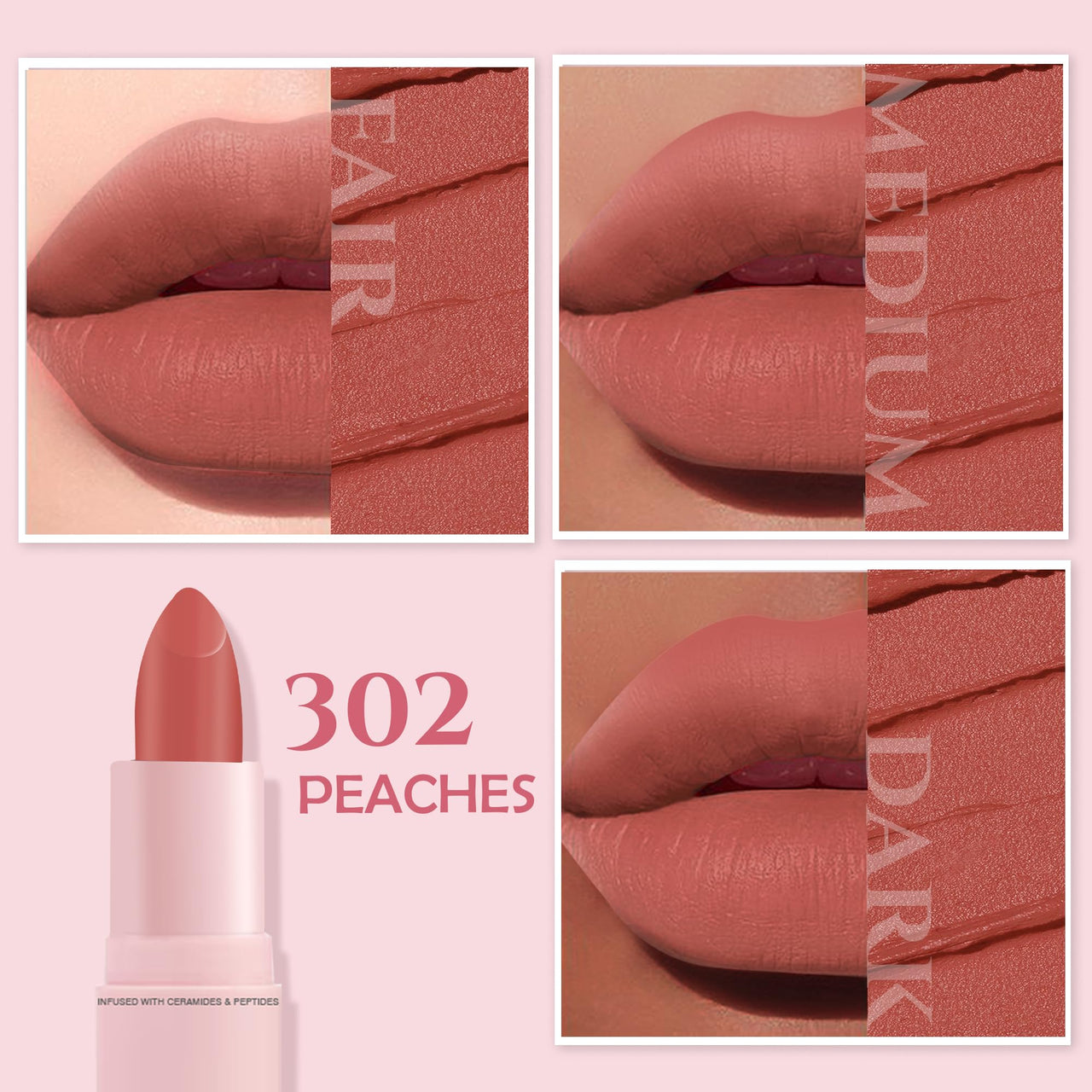 Glamveda Creamy Matte Long Lasting Lipstick with Ceramides & Peptides, Lightweight, 12 Hour Wear, Smudgeproof & Transferproof - Peaches 302