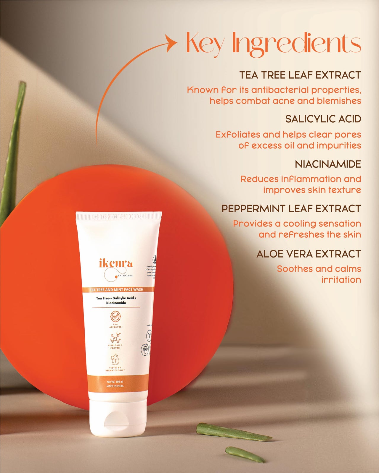 Ikcura Tea Tree and Mint Face Wash, Mint and Tea Tree Leaf, 1% Salicylic Acid, Niacinamide l Gentle Cleansing, Glowing Skin, Soothing & Refreshing, Acne and Blemish Control, 100ml