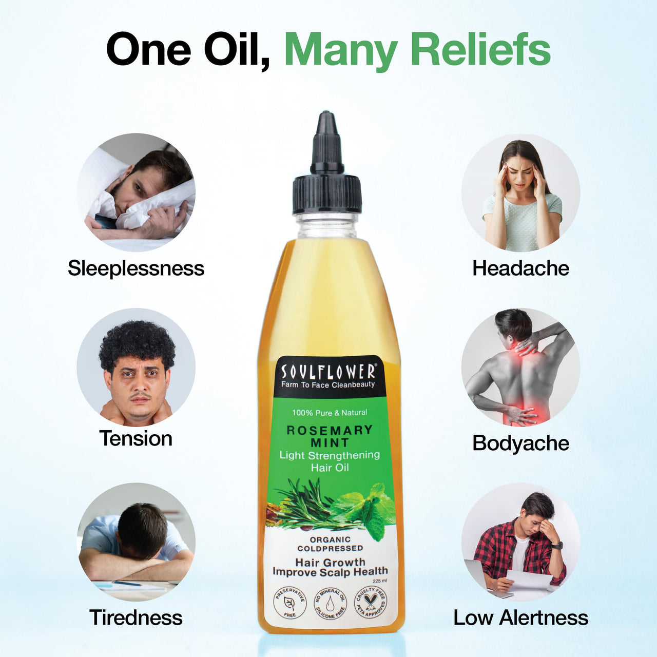 Soulflower Rosemary Mint Light Hair Oil | Hair Growth, Hair Fall Control, Dandruff & Split Ends | With Amla, Argan, Castor | Cooling Scalp Oil for Men & Women | 100% Natural & Organic | 225ml