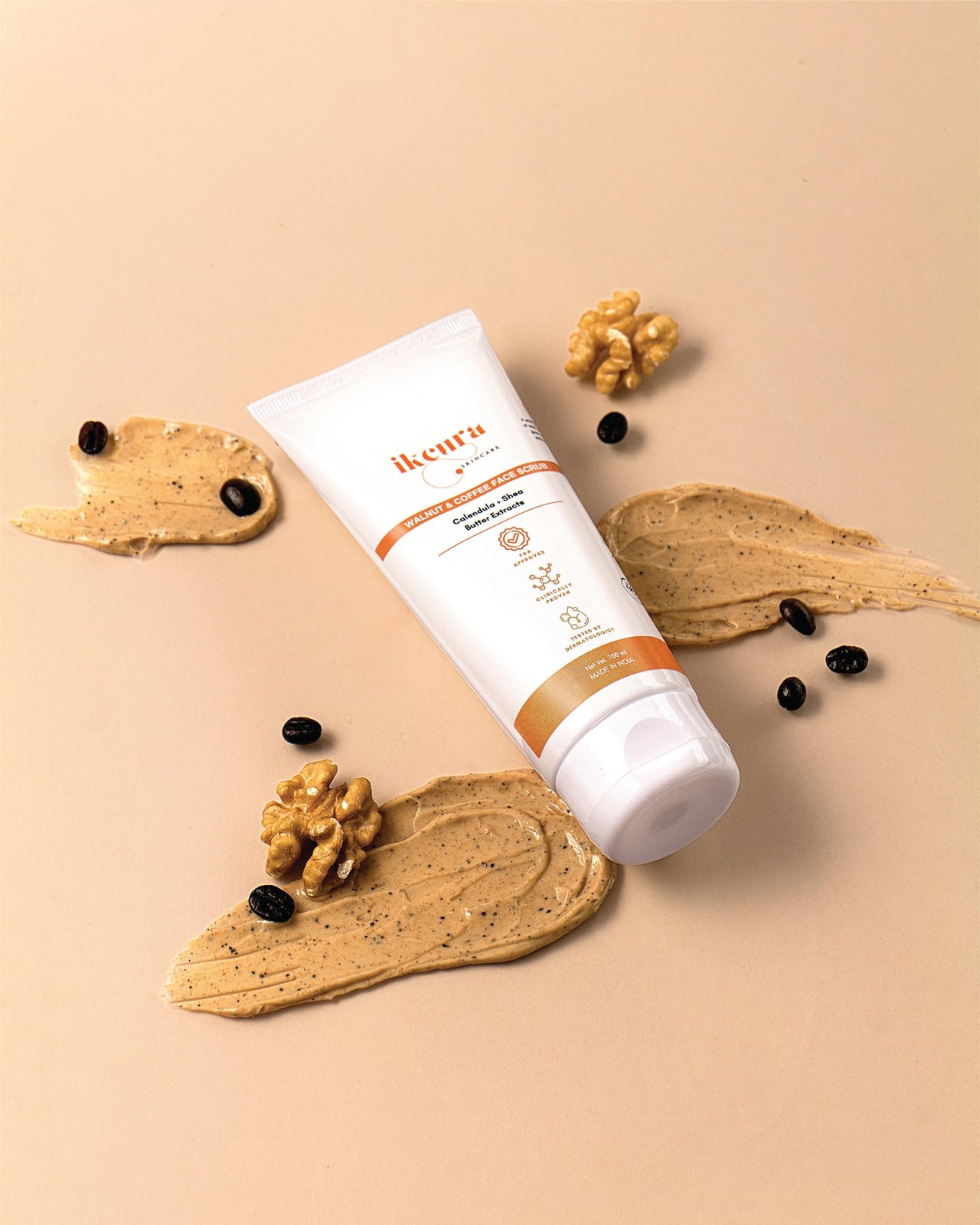 Ikcura Walnut & Coffee Face Scrub with Calendula, Shea Butter Extracts | Deep Pore Cleansing, Hydration Boost, Revitalize and Moisturizer Skin, Reduce Acne & Pimple, 100ml