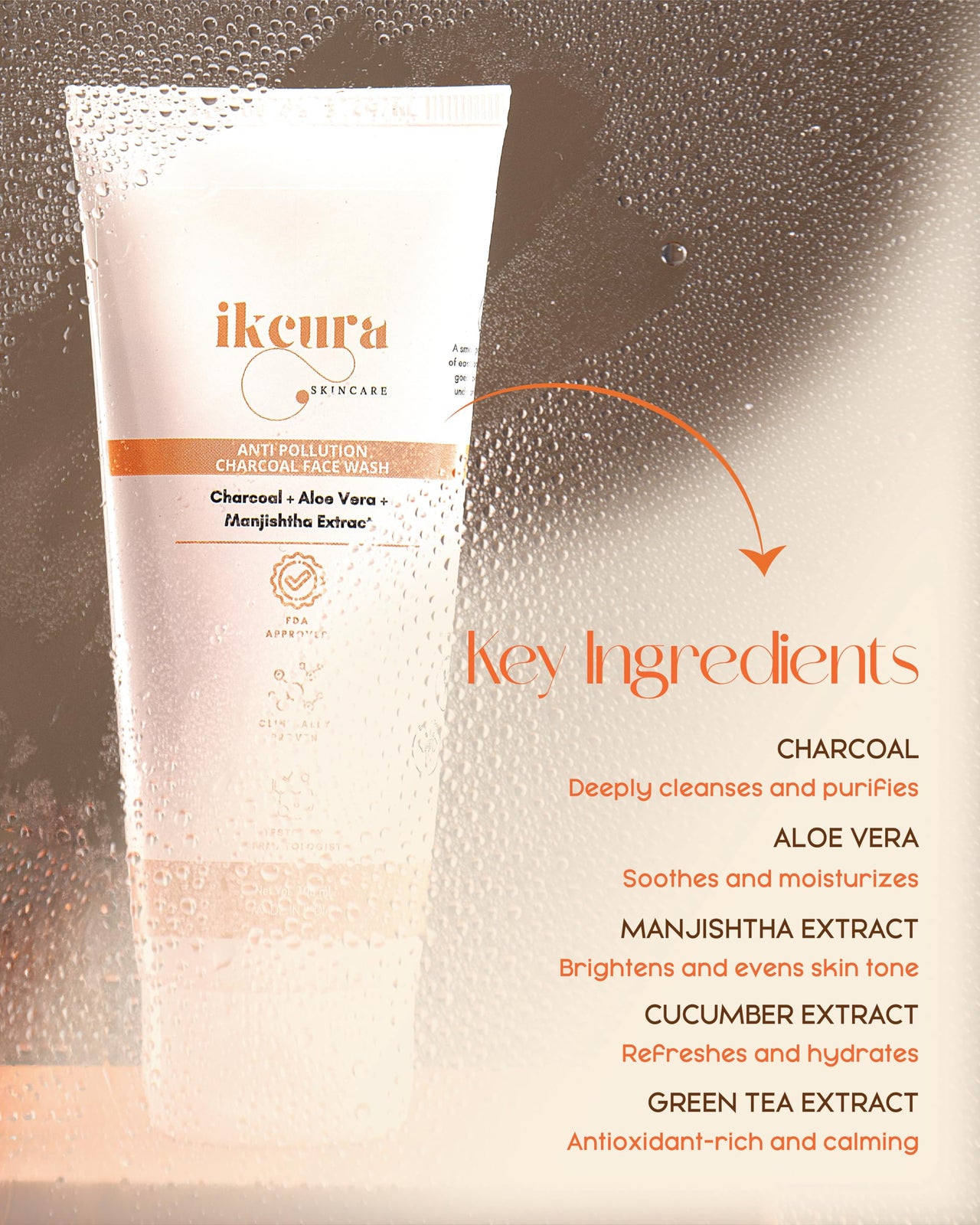 Ikcura Anti Pollution Charcoal Face Wash, Charcoal, Aloe Vera, Manjishtha Extract | Deep Cleansing, Moisturizing, Pollution Defense, Hydration Boost, 100ml