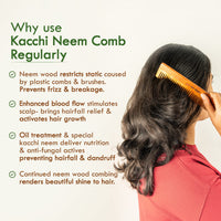 Nat Habit Kacchi Neem Wooden Comb, Soaked In 17 Herbs Neem, Castor & Coconut Oil For Multi-Actions Detangling, Frizz Control & Shine (Dual Tooth & Fine Tooth) Combo Pack of 2