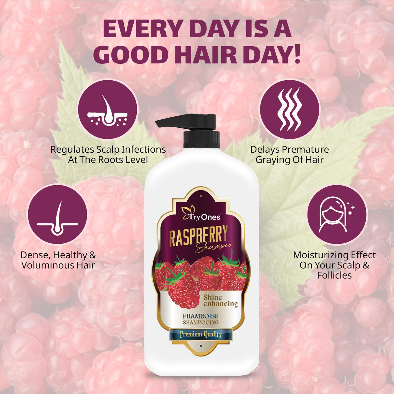 TryOnes Hair Care Shampoo Red Raspberry For Silky, Smooth, Long Hair & Split End Repair | Shampoo for Women and Men 1000ml