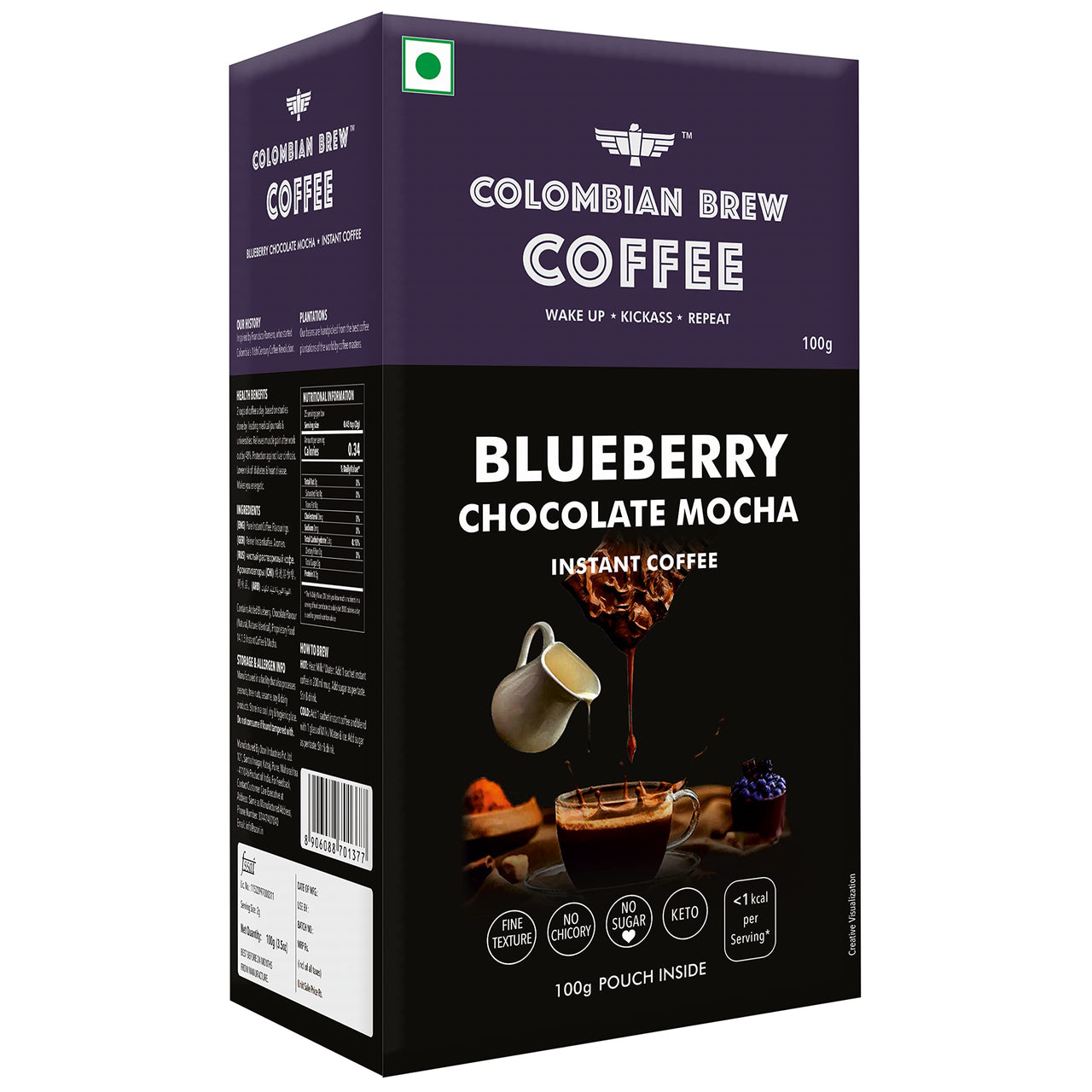 COLOMBIAN BREW COFFEE Blueberry Chocolate Mocha Instant Coffee Powder Box, No Sugar Vegan, 100 Grams