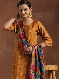 Mustard Woven Design Silk Blend Straight Suit with Dupatta