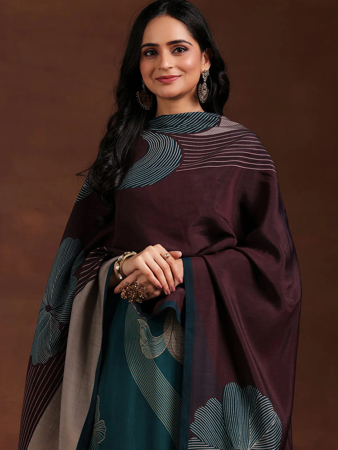 Teal Printed Silk Blend Straight Suit with Dupatta