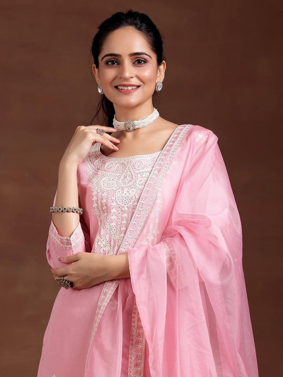 Pink Embroidered Silk Blend Straight Suit with Dupatta