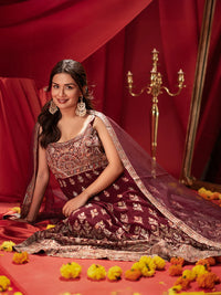 Surkh Libas Art Wine Embroidered Georgette A-Line Kurta with Palazzos & Dupatta