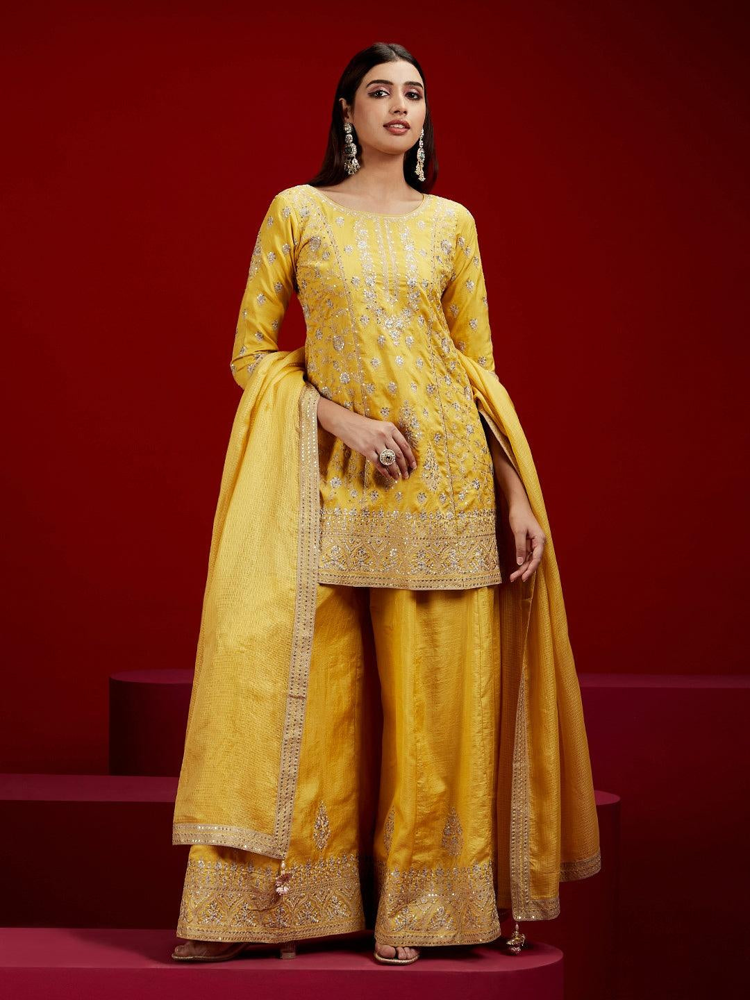 Libas Art Yellow Embroidered Silk Straight Suit with Dupatta