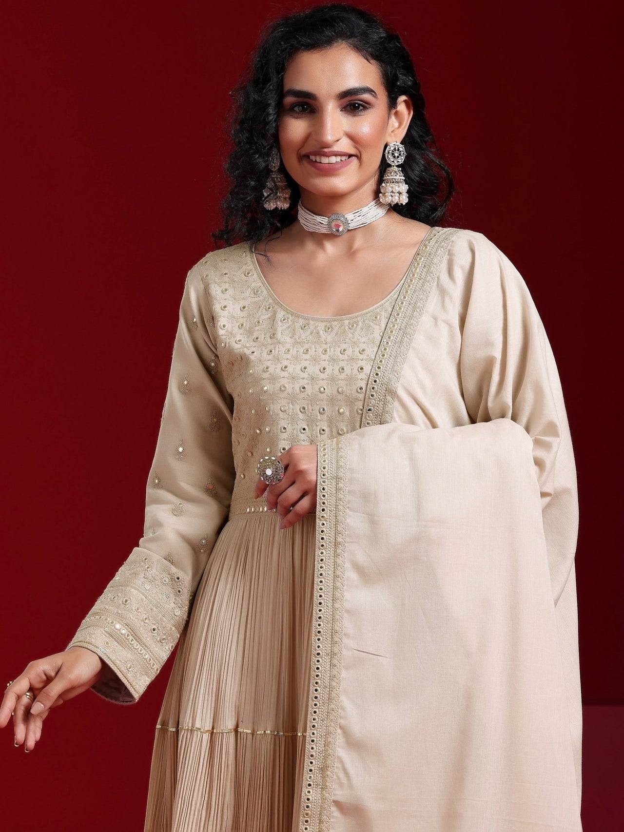 Libas Art Grey Embroidered Cotton Blend A-Line Kurta with Trousers & Dupatta