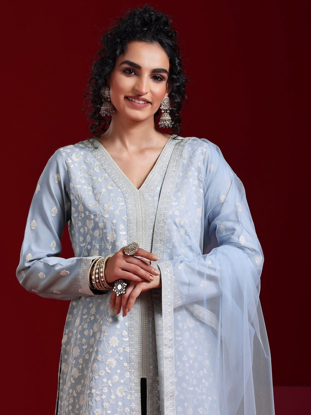 Libas Art Grey Embroidered Silk Blend Straight Suit with Dupatta