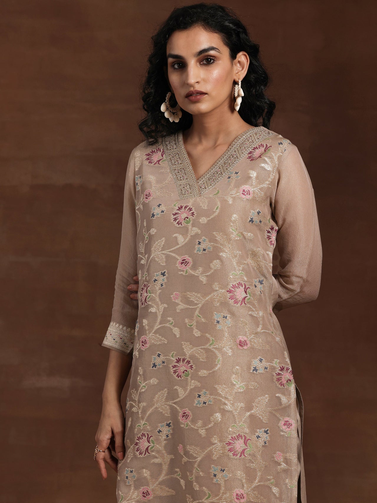 Brown Woven Design Chanderi Silk Straight Suit with Dupatta