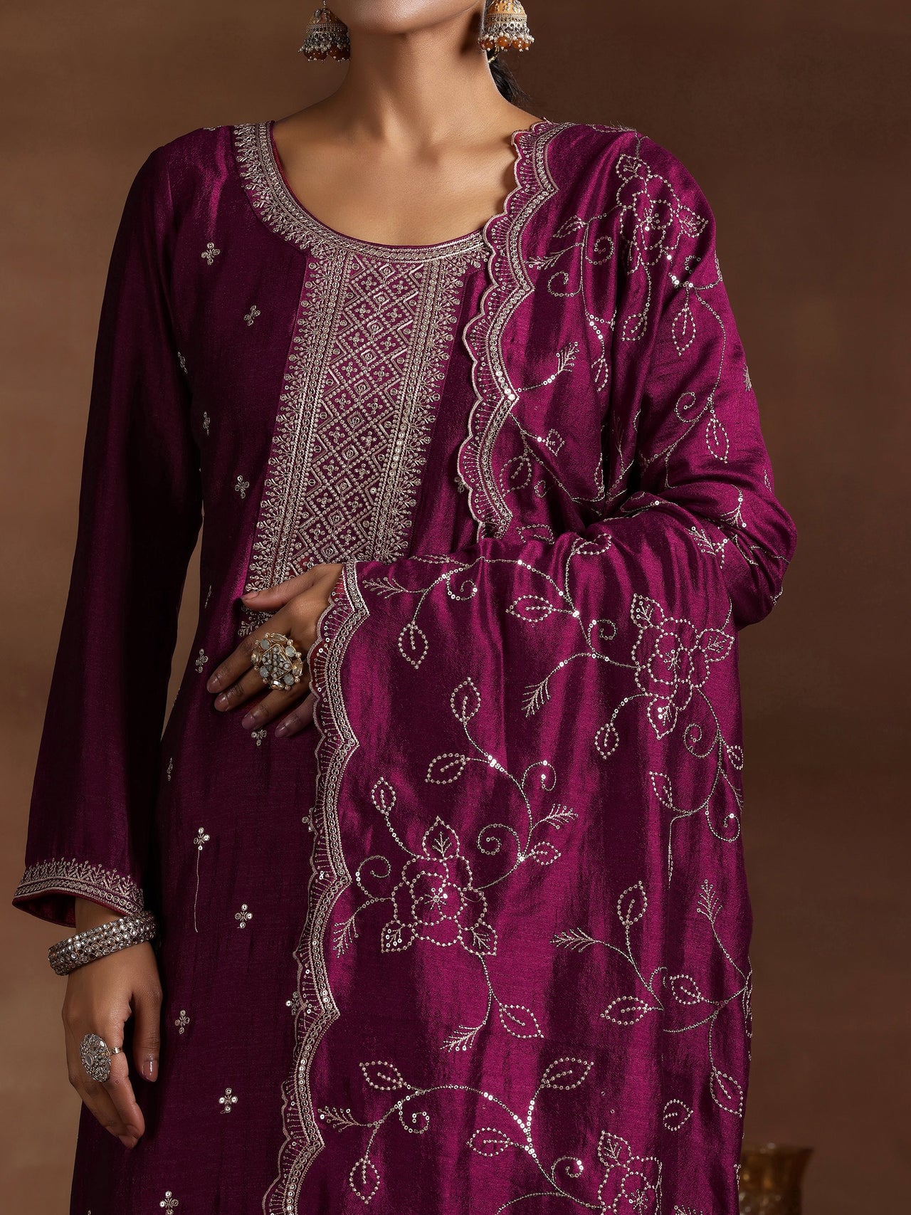 Wine Embroidered Silk Blend Straight Suit with Dupatta