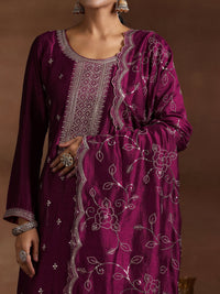 Wine Embroidered Silk Blend Straight Suit with Dupatta