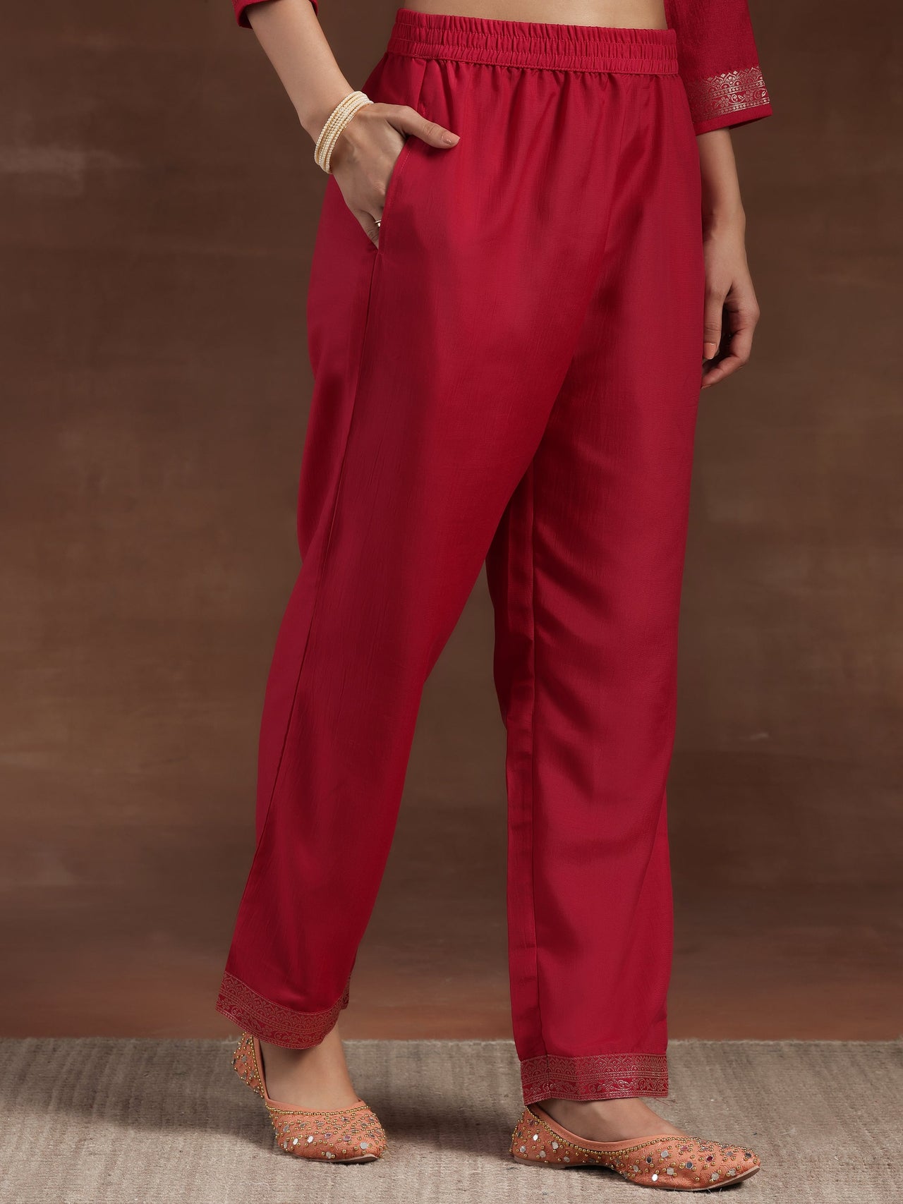 Pink Woven Design Silk Blend Straight Suit with Dupatta