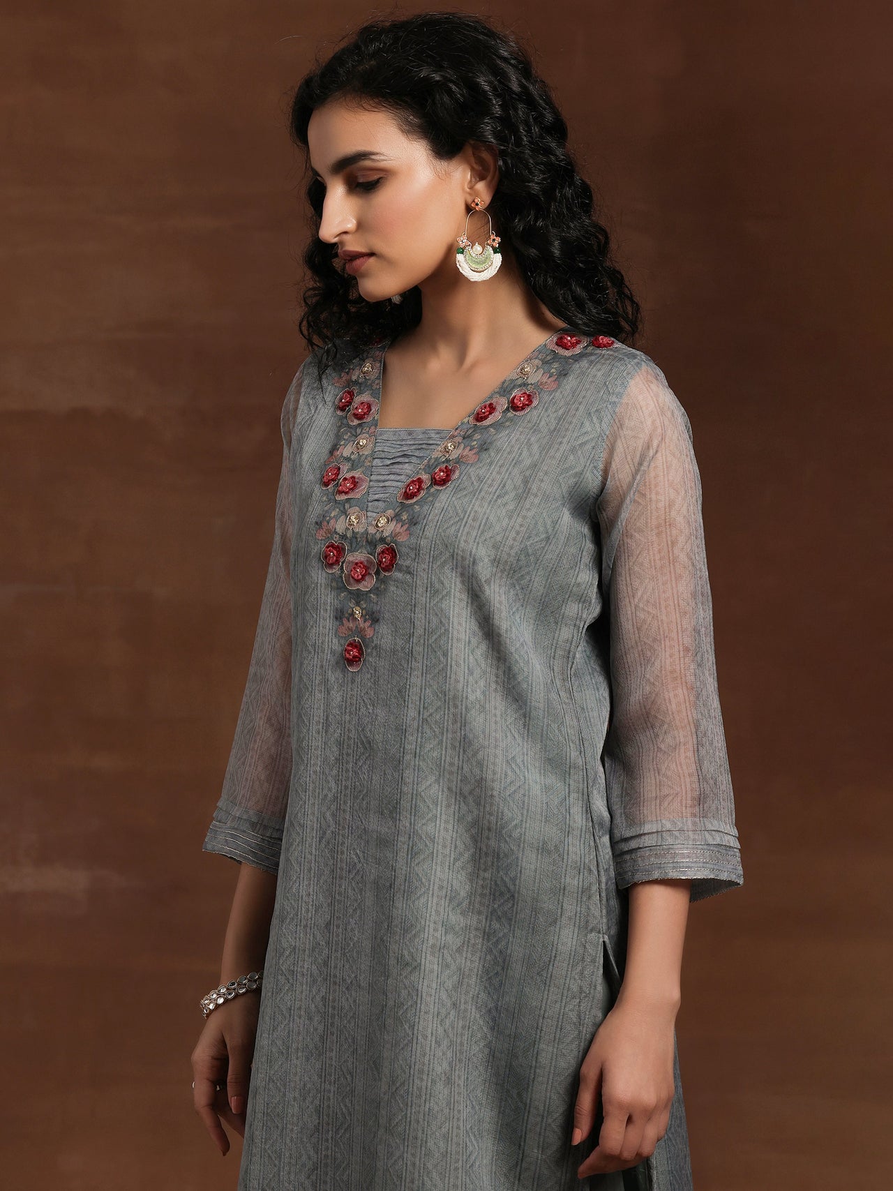 Green Printed Organza Straight Suit with Dupatta