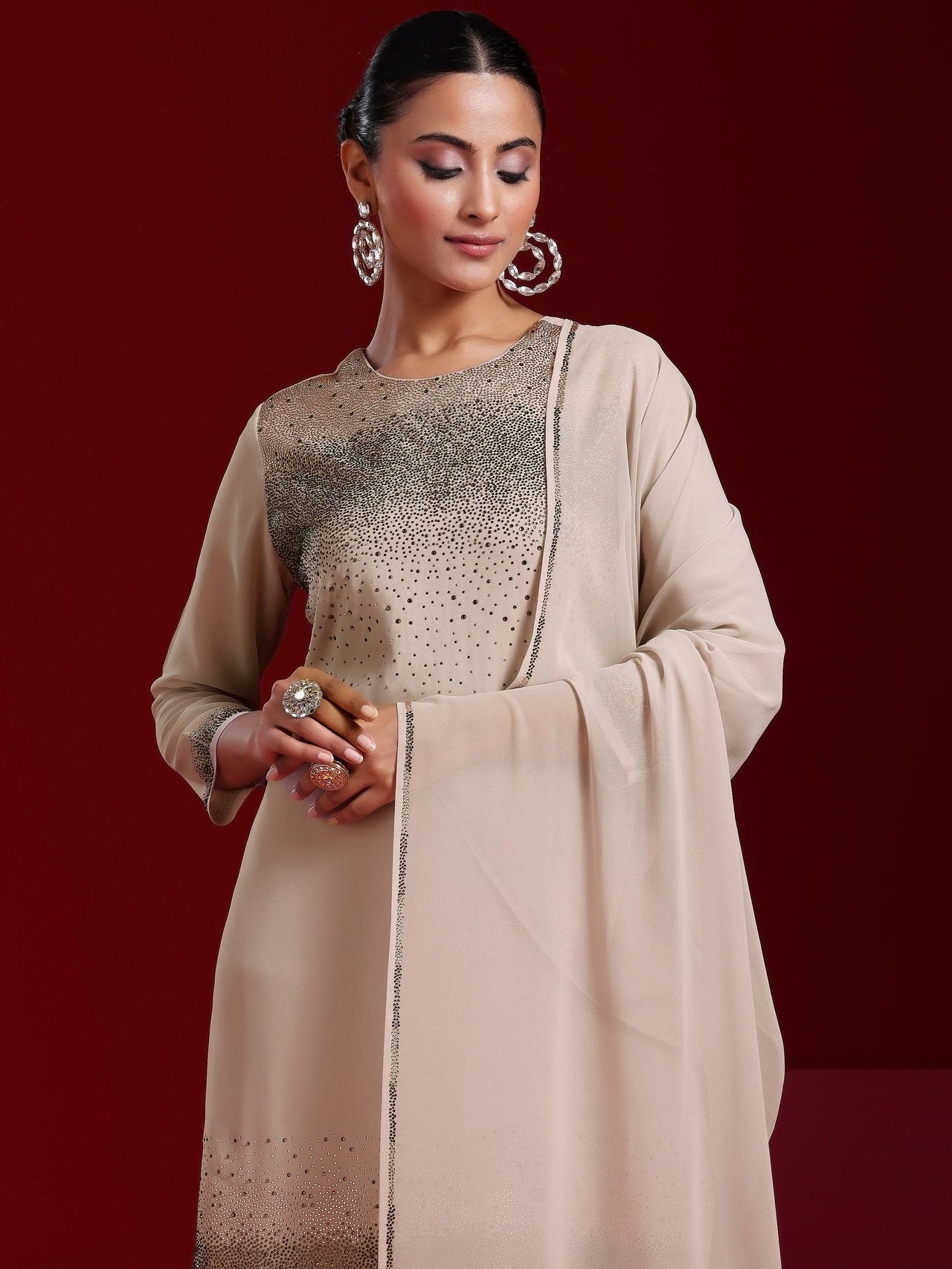 Libas Art Taupe Solid Georgette Straight Suit with Dupatta