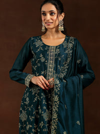 Teal Embroidered Silk Blend Straight Suit with Dupatta