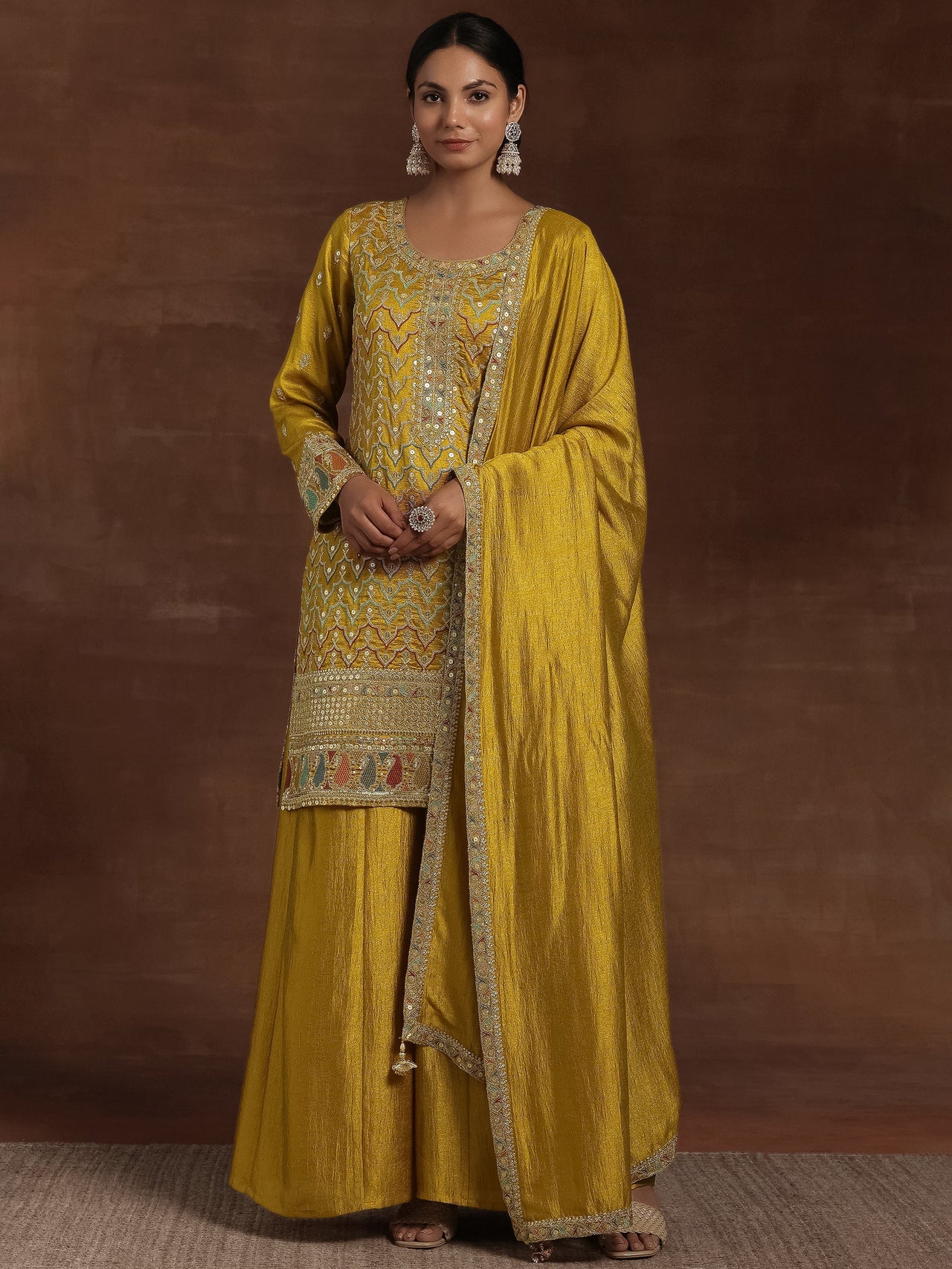 Adaa Mustard Embroidered Silk Blend Straight Kurta with Palazzos & Dupatta