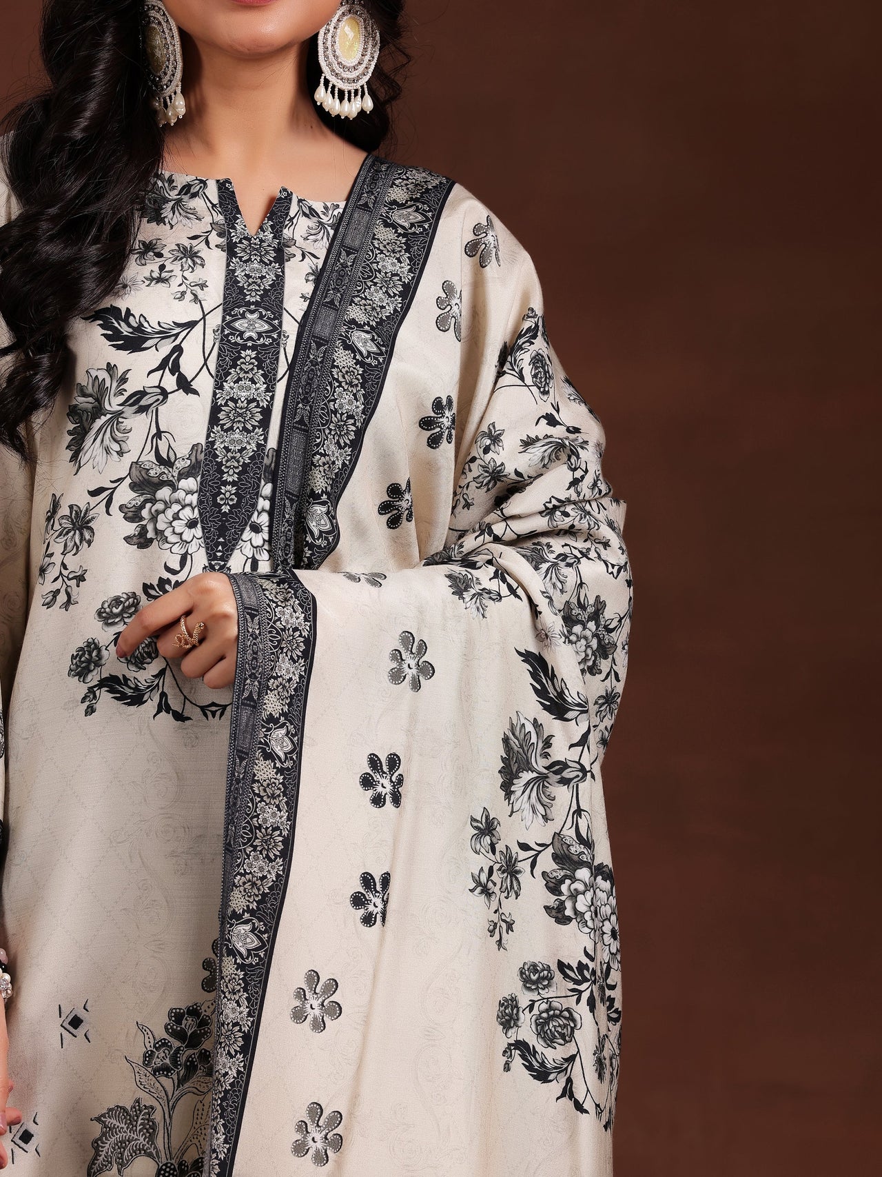 Monochrome Printed Silk Blend Straight Suit with Dupatta