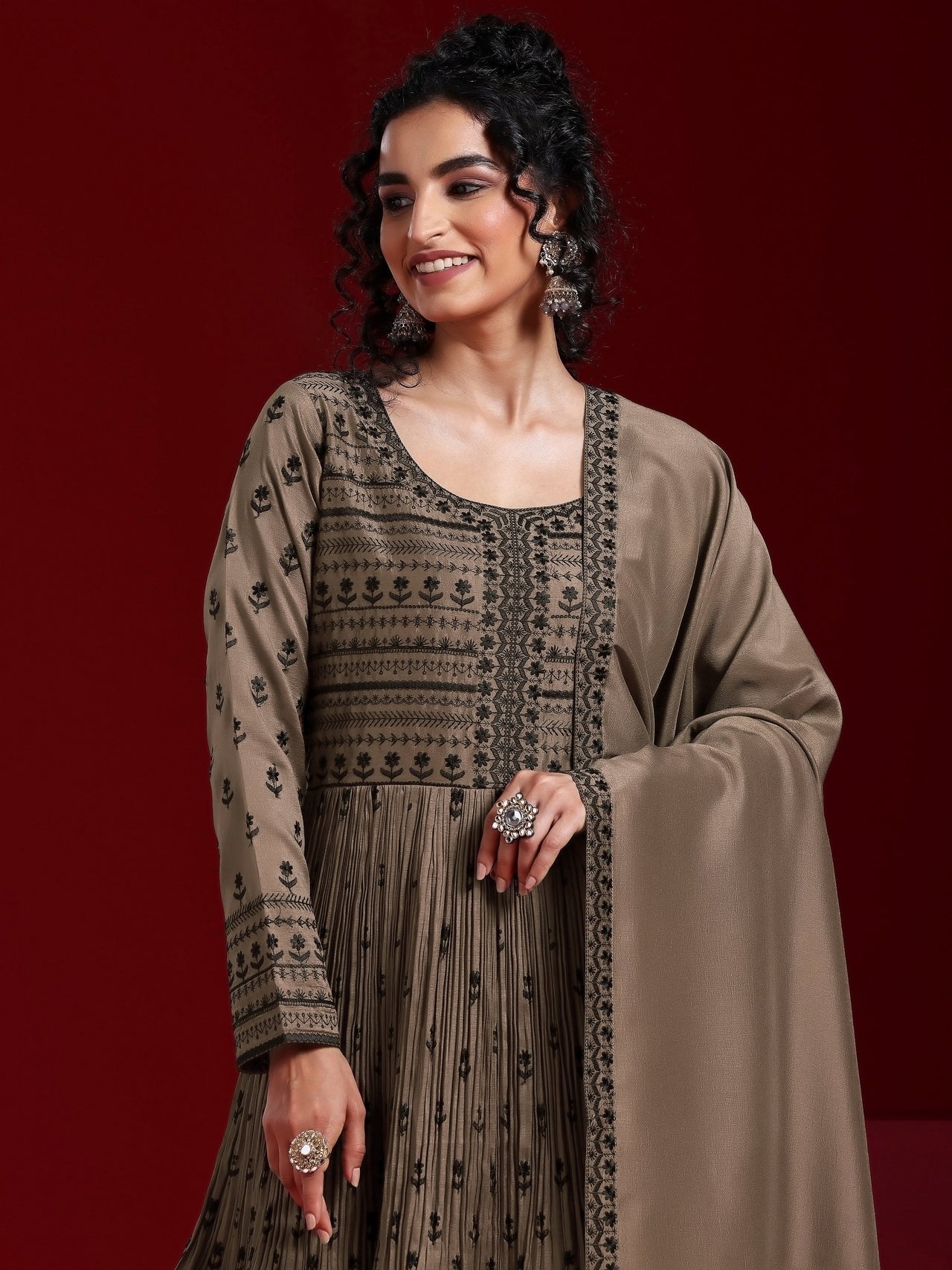 Libas Art Brown Embroidered Silk Blend A-Line Kurta with Sharara & Dupatta