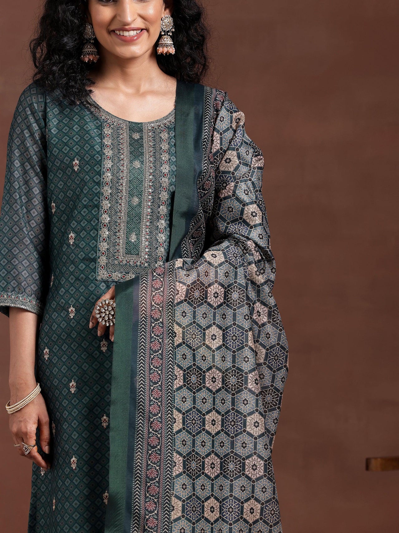 Teal Printed Silk Blend Straight Suit with Dupatta