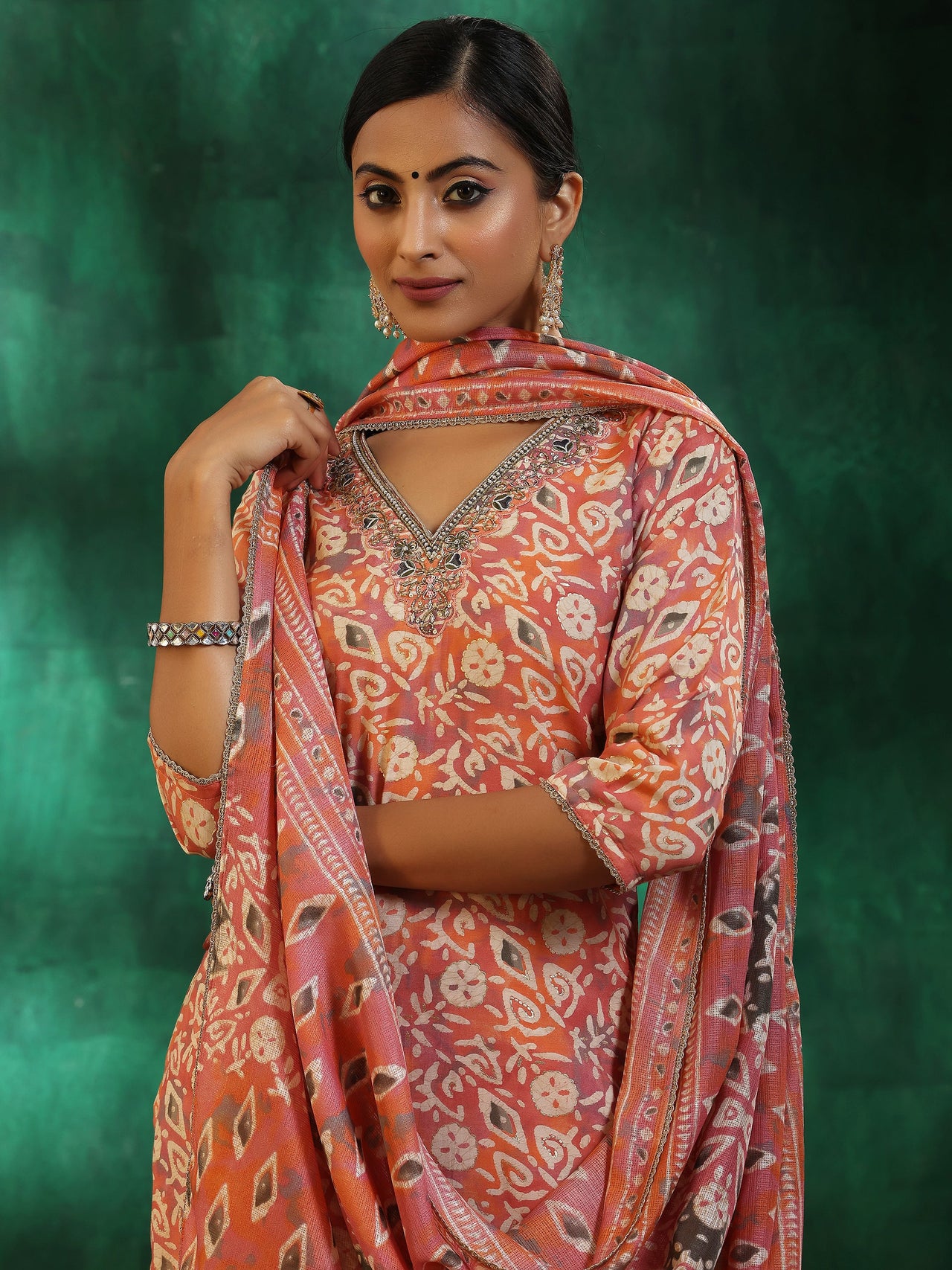 Peach Printed Silk Blend Straight Suit with Dupatta