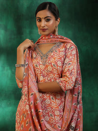 Peach Printed Silk Blend Straight Suit with Dupatta