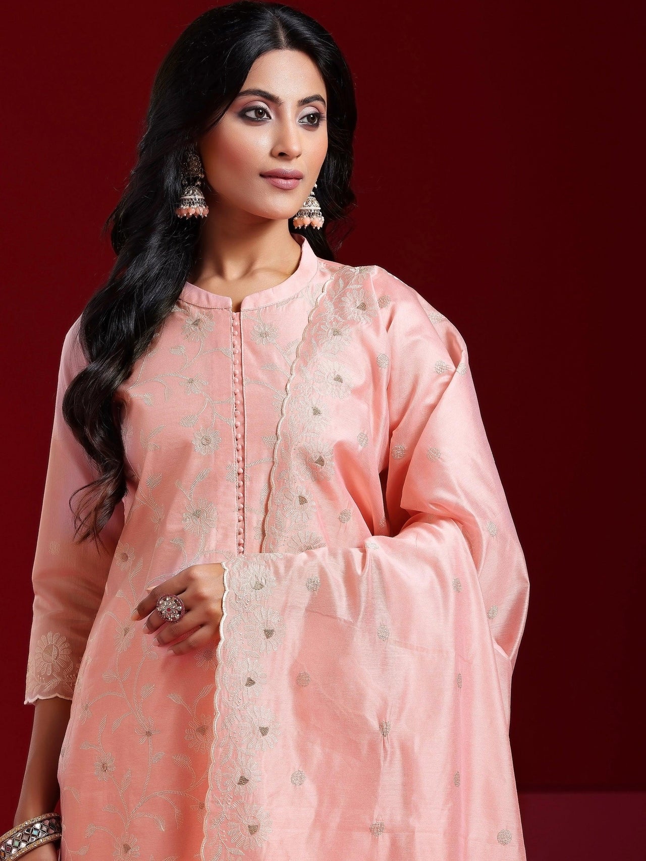 Libas Art Pink Embroidered Chanderi Silk Straight Suit with Dupatta