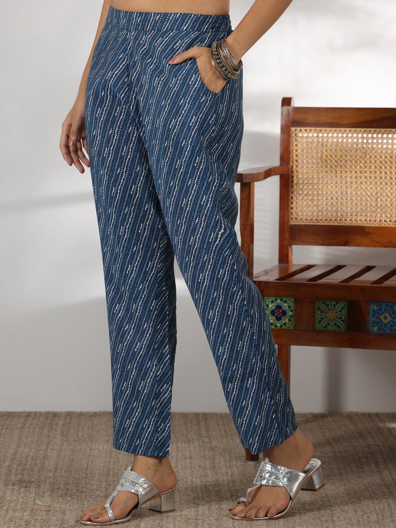 Blue Printed Silk Blend A-Line Kurta with Trousers & Dupatta