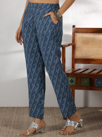 Blue Printed Silk Blend A-Line Kurta with Trousers & Dupatta