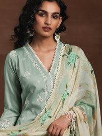 Green Embroidered Silk Blend Straight Suit with Dupatta