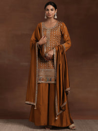 Adaa Rust Embroidered Silk Blend Straight Kurta with Palazzos & Dupatta