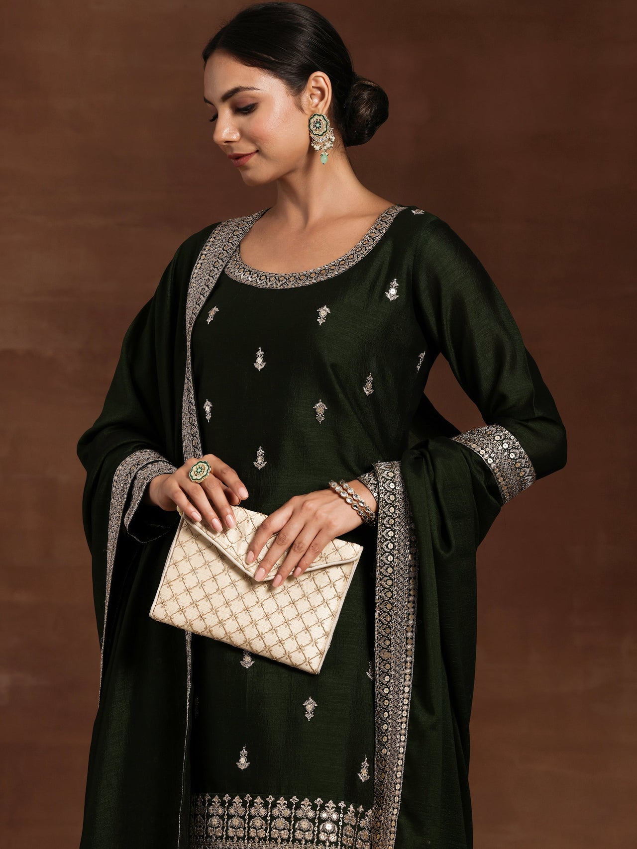 Green Embroidered Silk Blend Straight Suit with Dupatta