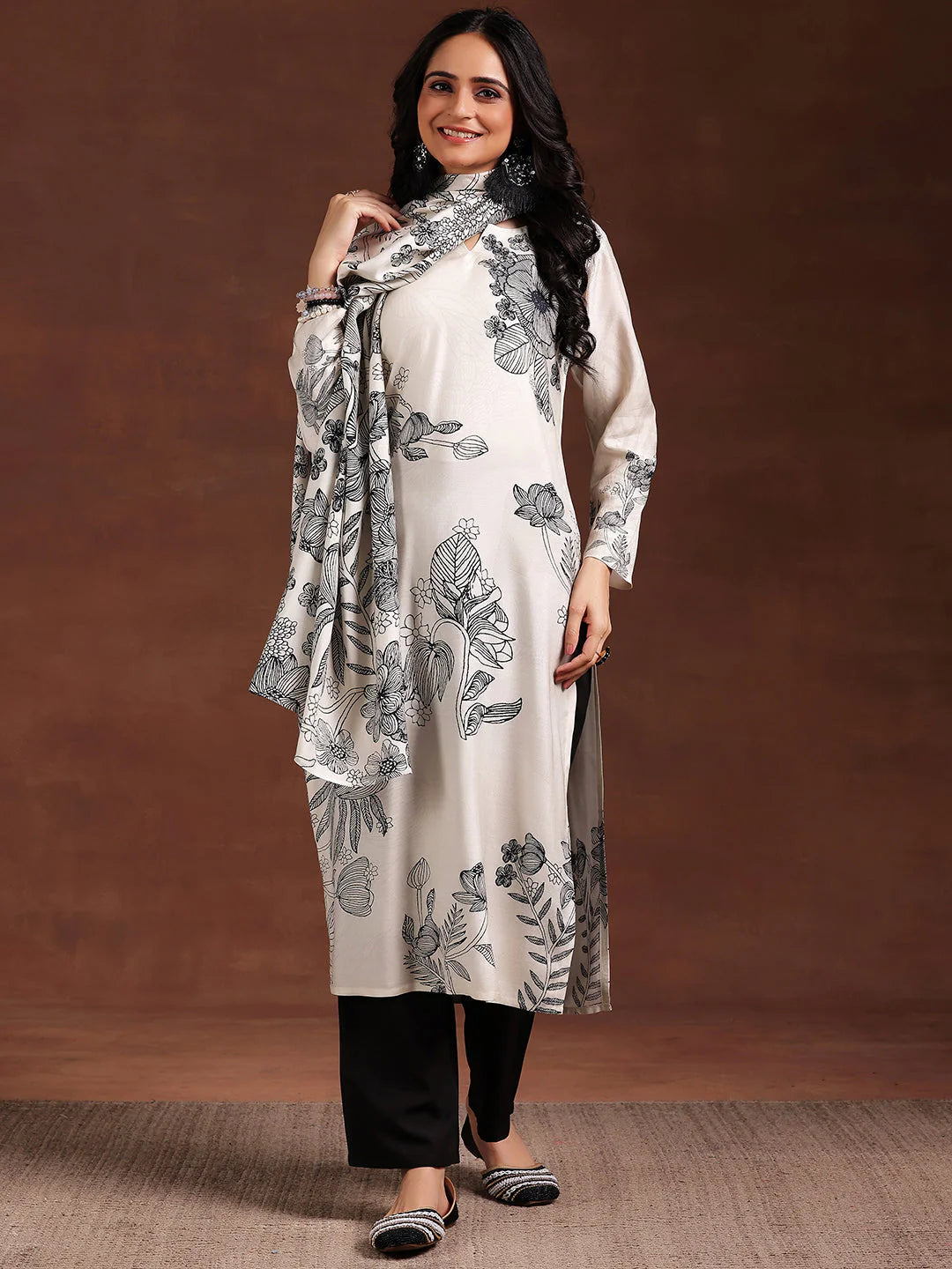Monochrome Printed Silk Blend Straight Suit with Dupatta