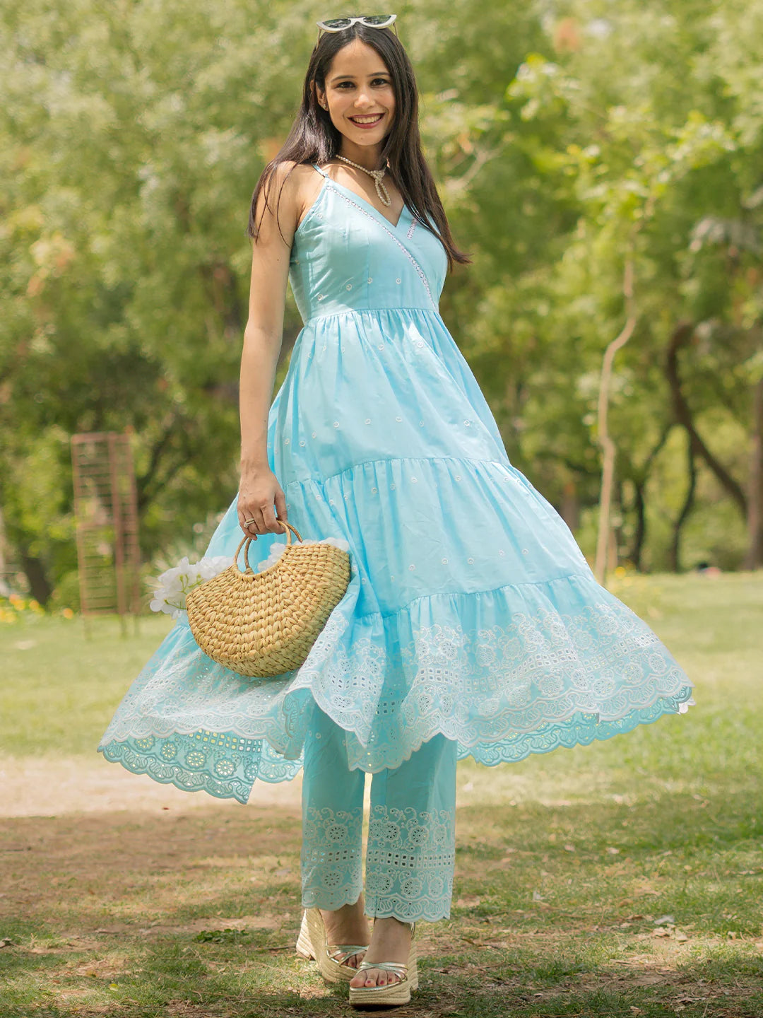 The Kiara Cut Blue Self Design Cotton Anarkali Kurta with Trousers