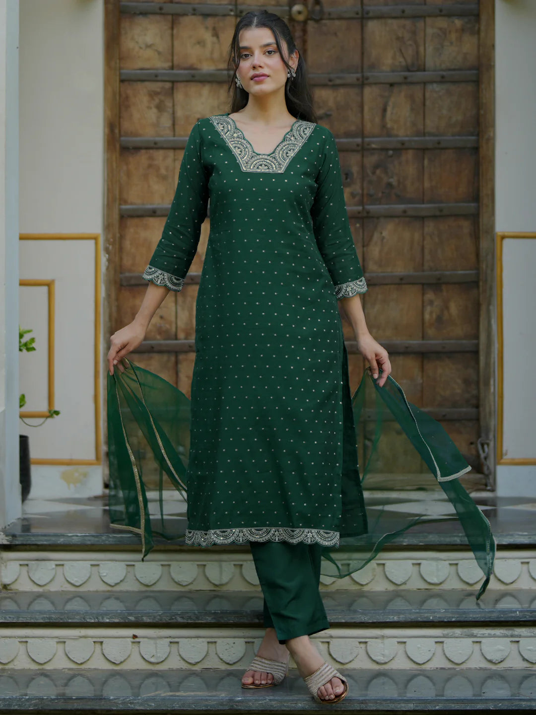 Green Self Design Silk Blend Straight Suit with Dupatta