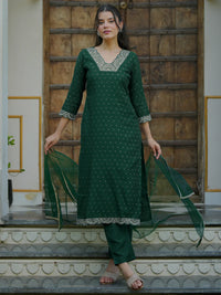 Green Self Design Silk Blend Straight Suit with Dupatta