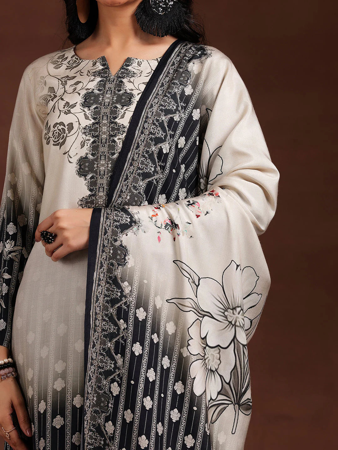Monochrome Printed Silk Blend Straight Suit with Dupatta