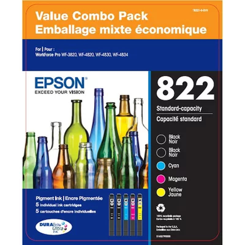 Epson T822 Durabrite Ultra Standard Capacity Ink Cartridge Value Club Pack 2 Black, 1 Cyan/1 Magenta/1 Yellow