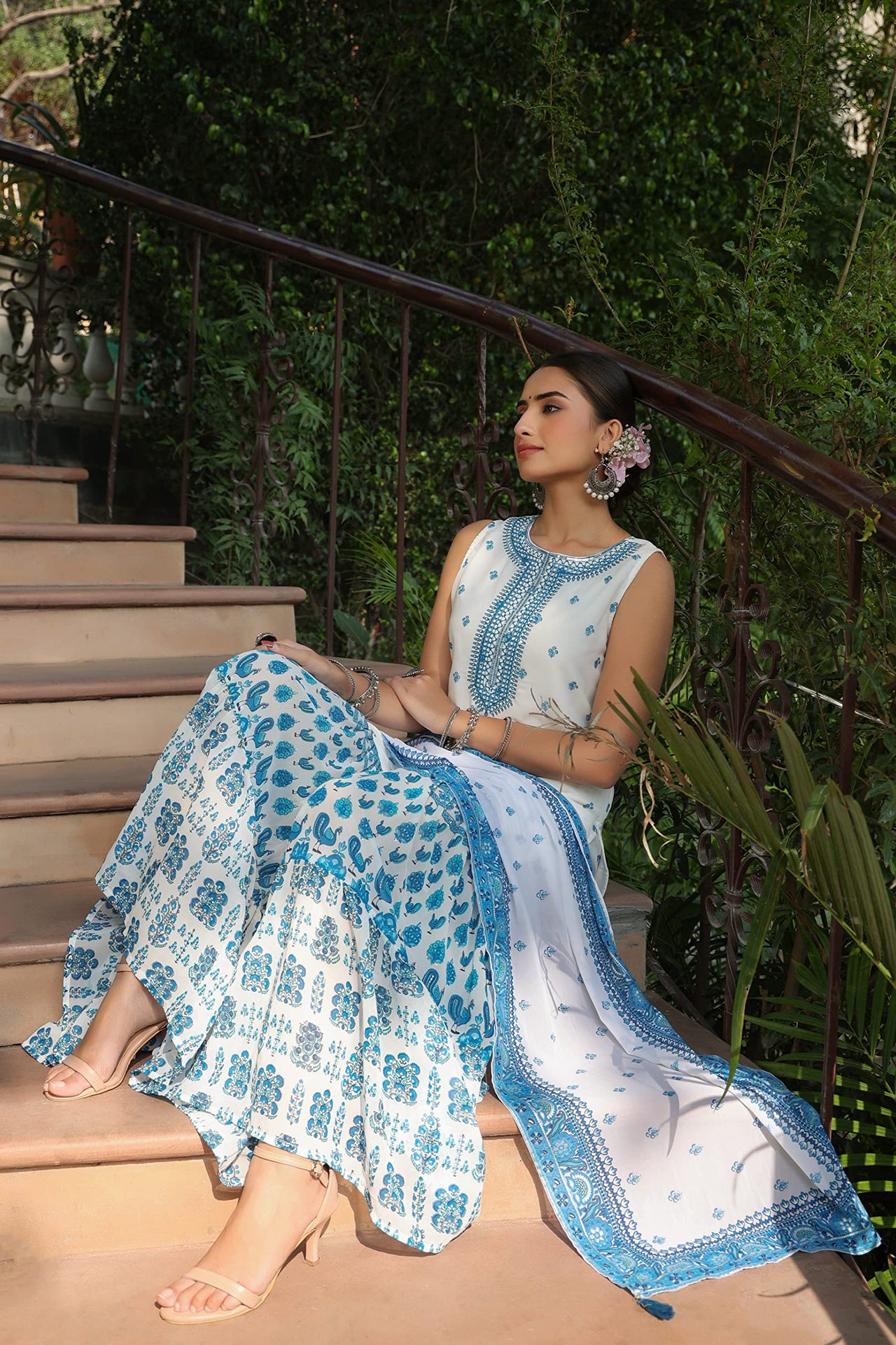 Juniper Blue Georgette Printed Straight Kurta Sharara Dupatta Set