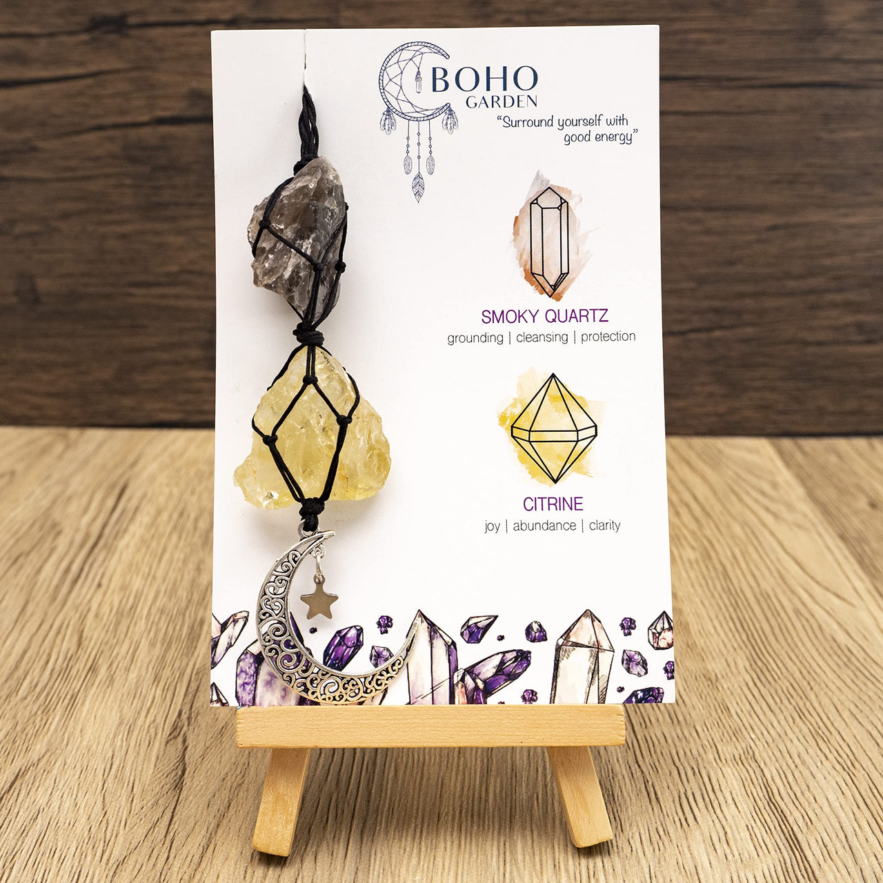 BOHO GARDEN Hanging Car Charm - Smoky Quartz & Citrine - Dangling Moon, Healing Crystal Accessories, Rearview Mirror Decorations ÐGrounding, Cleansing, Protection, Joy, Abundance, Clarity, Energy Smoky Quartz-citrine