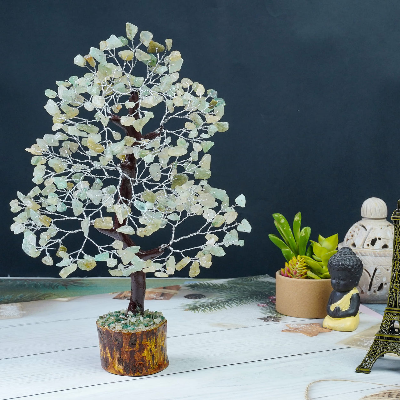 Green Jade Crystal Tree of Life - Chakra Tree for Positive Energy, Gemstone Tree, Feng Shui Tree Decor - Money Tree Bonsai - Healing Crystal Tree - Meditation Accessories, Spiritual Gift - Gem Tree Green Jade (Silver Wire)