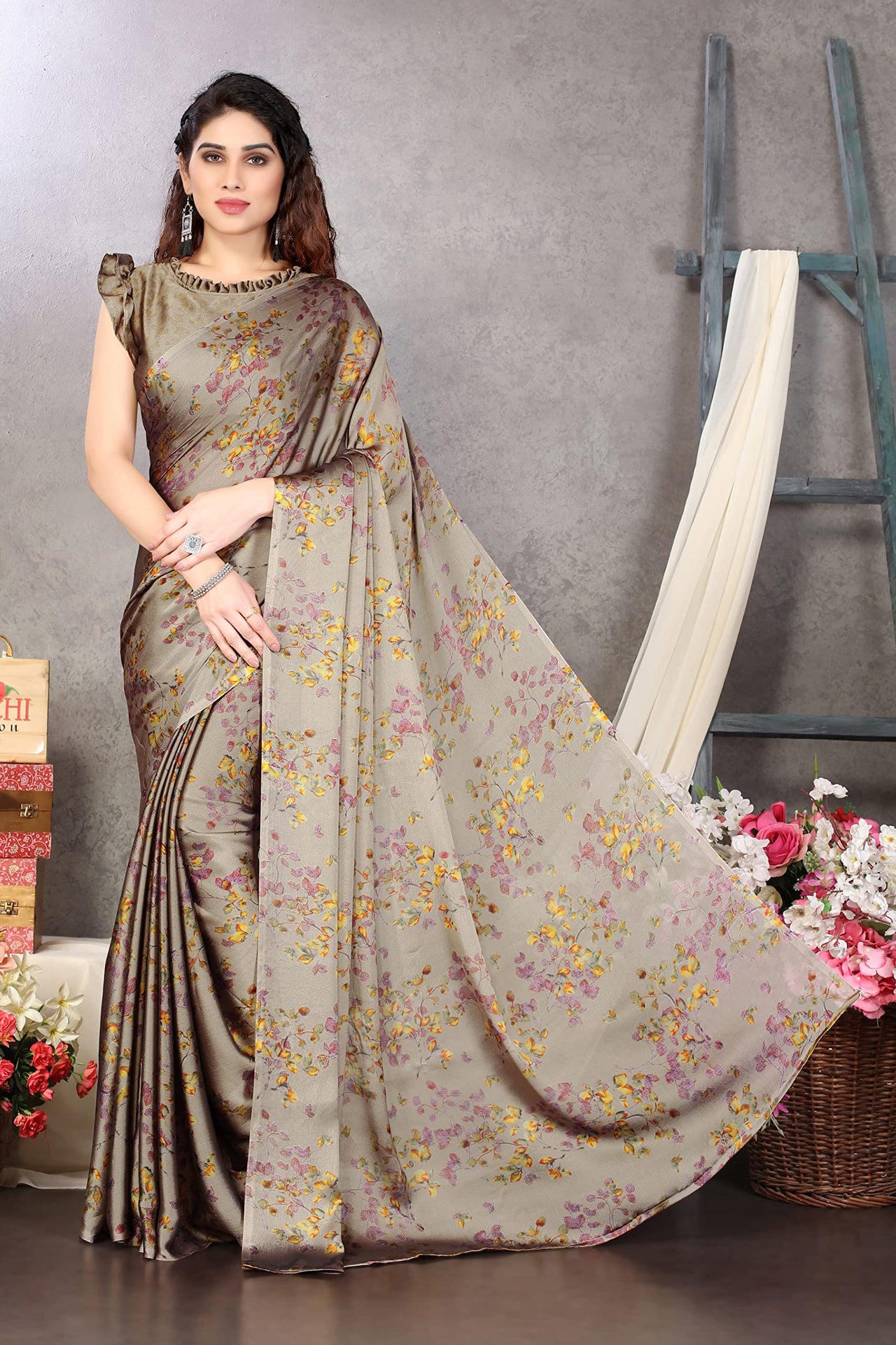 MIRCHI FASHION Women's  Stylish Chiffon Floral Printed Saree with Blouse Piece