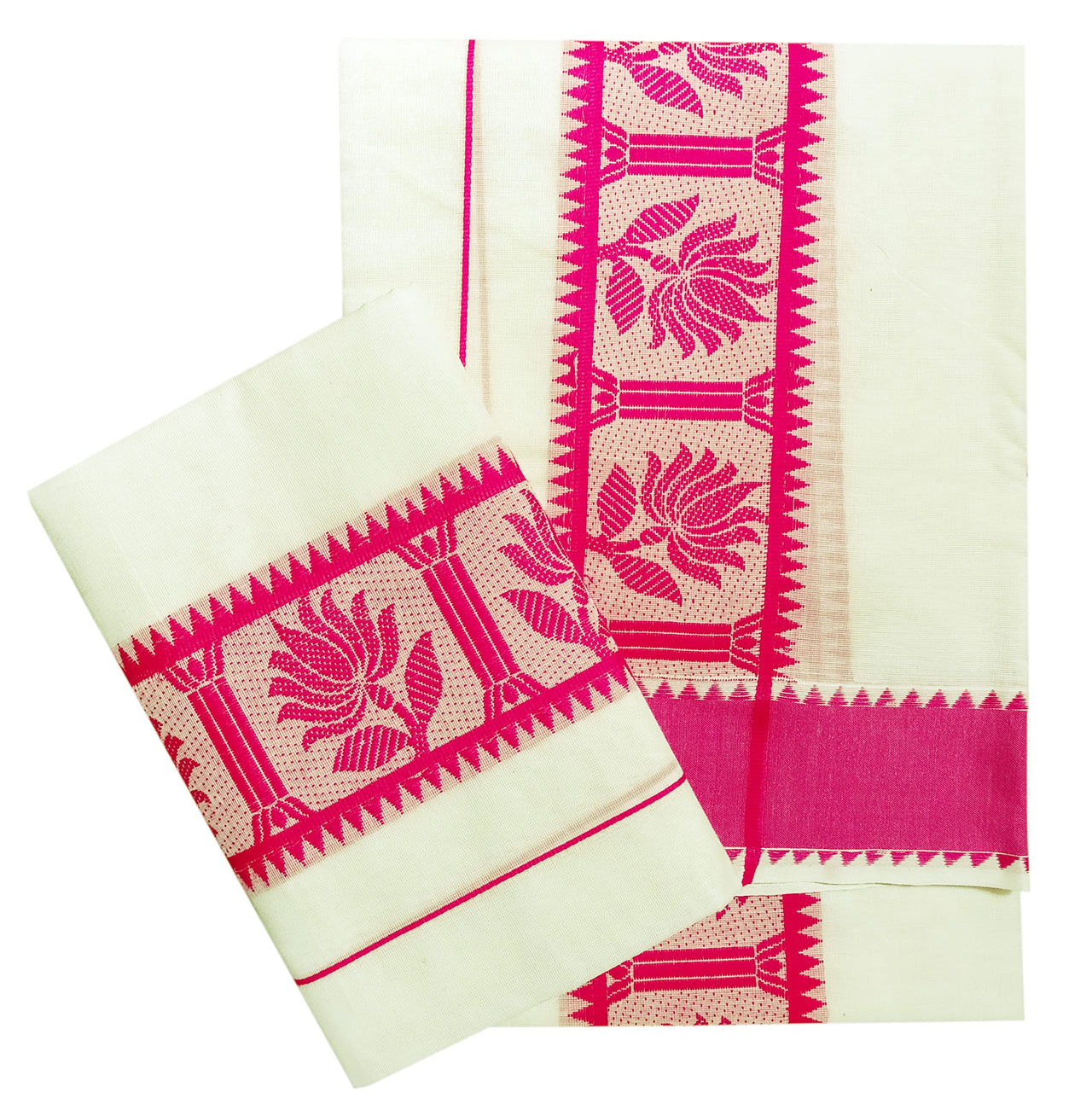 YETTALAN® Women's  Kerala Traditional Cotton Jacquard Work Set Mundu with Color Temple Border 2.00&2.80 Meters Maroon Peacock