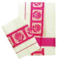 YETTALAN® Women's  Kerala Traditional Cotton Jacquard Work Set Mundu with Color Temple Border 2.00&2.80 Meters Maroon Peacock