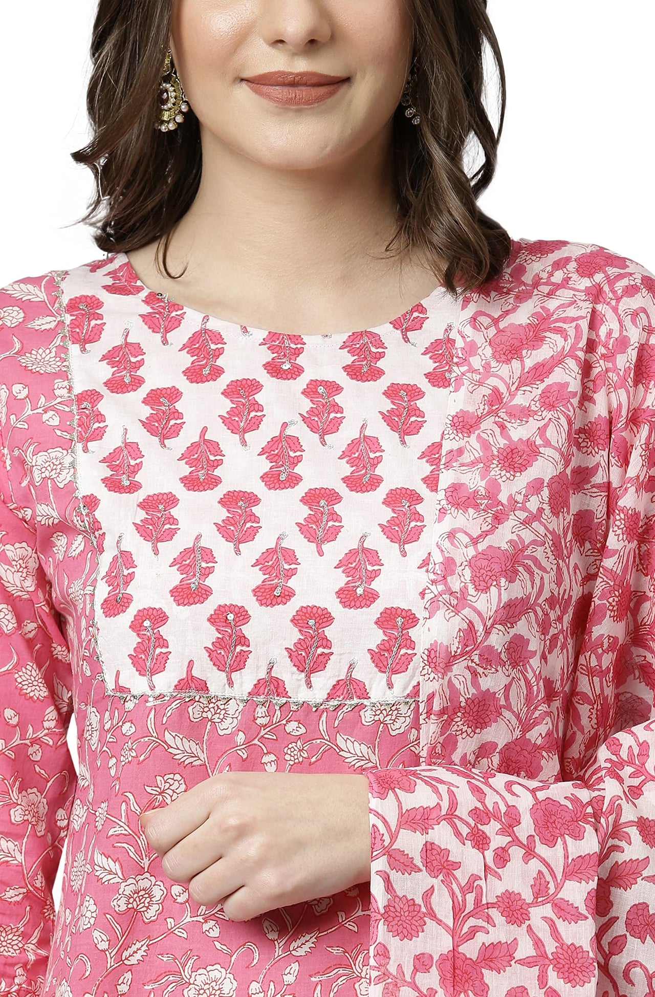 Janasya Women's  Pink Cotton Kurta with Pant and Dupatta
