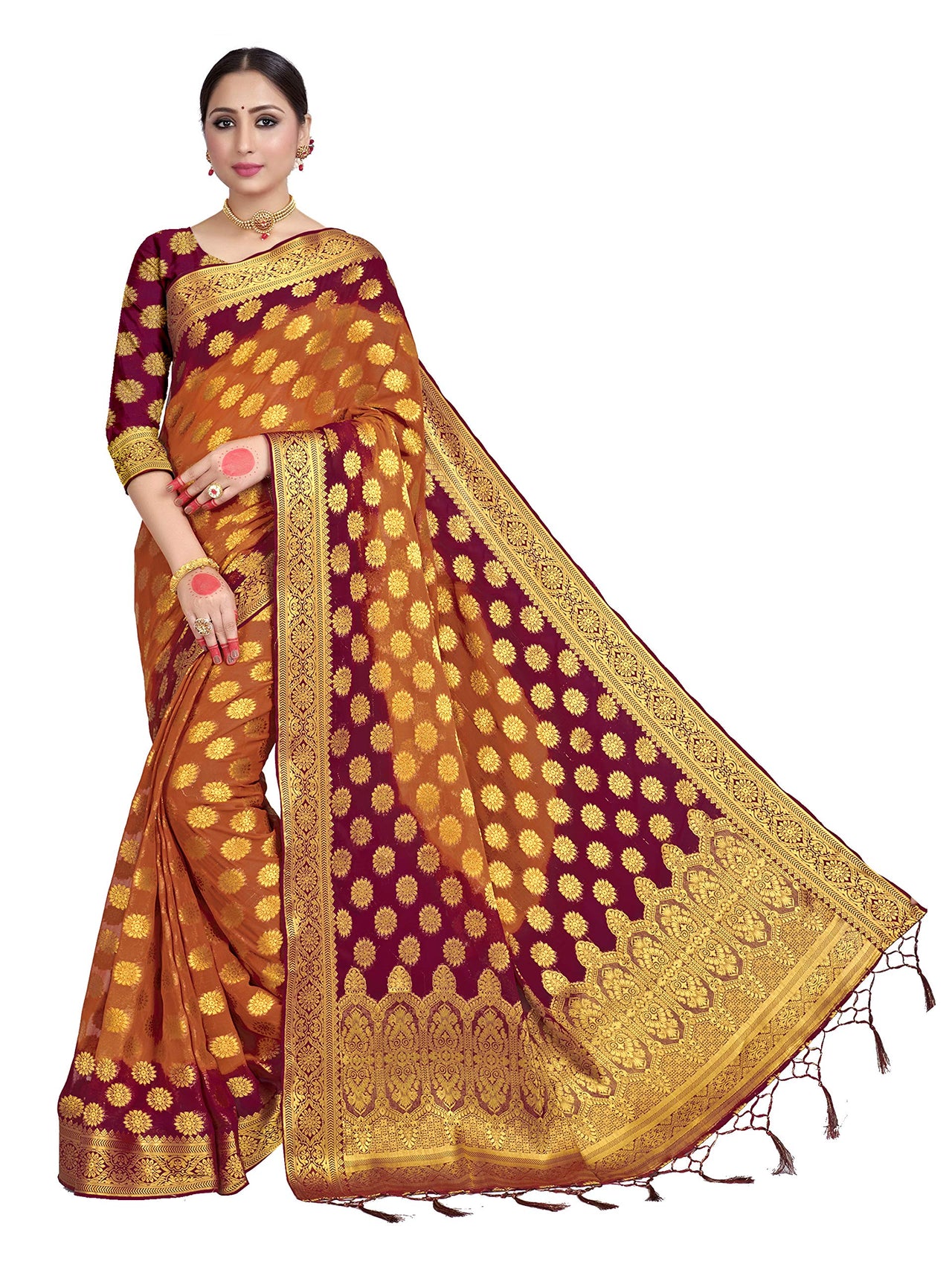 Vardha Women's  Chiffon Silk Saree with Unstitched Blouse Piece - Zari Woven Work Sarees for Wedding