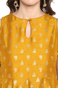 Janasya Women's  Mustard Poly Silk Gold Print Kurta with Palazzo and Dupatta